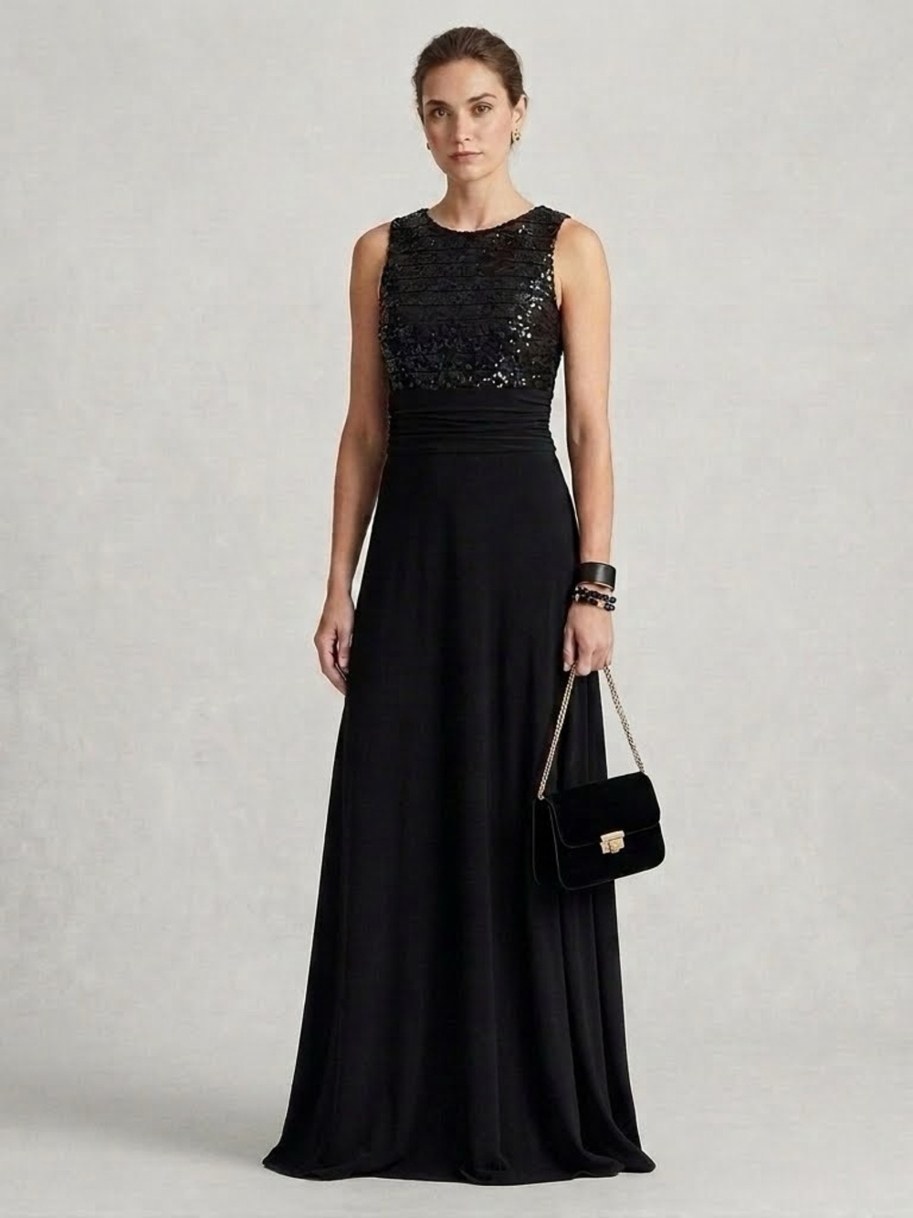 Lauren Ralph Lauren Evening Black Gown Sequin Bodice Ruched waist Woman's Sz 4